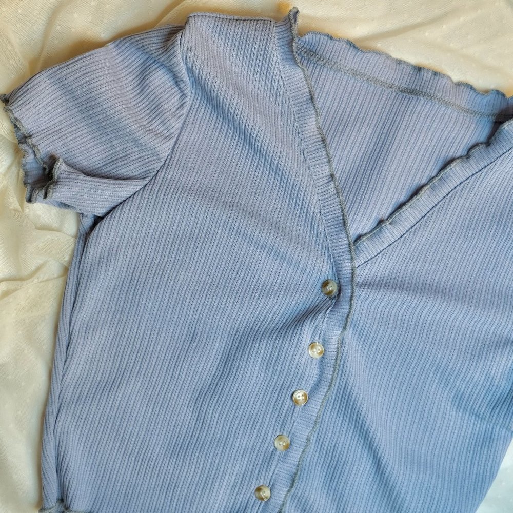 Light Blue Ribbed Button Up Blouse - Women's Small